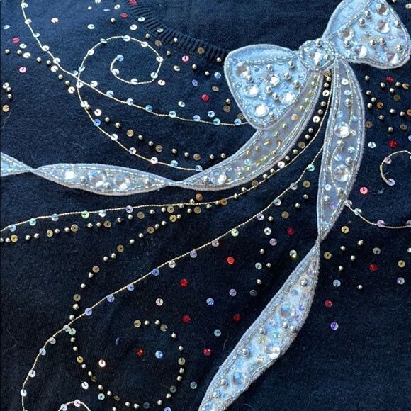 FESTIVE Bow Sparkle Top black sweater w/silver - Picture 3 of 7